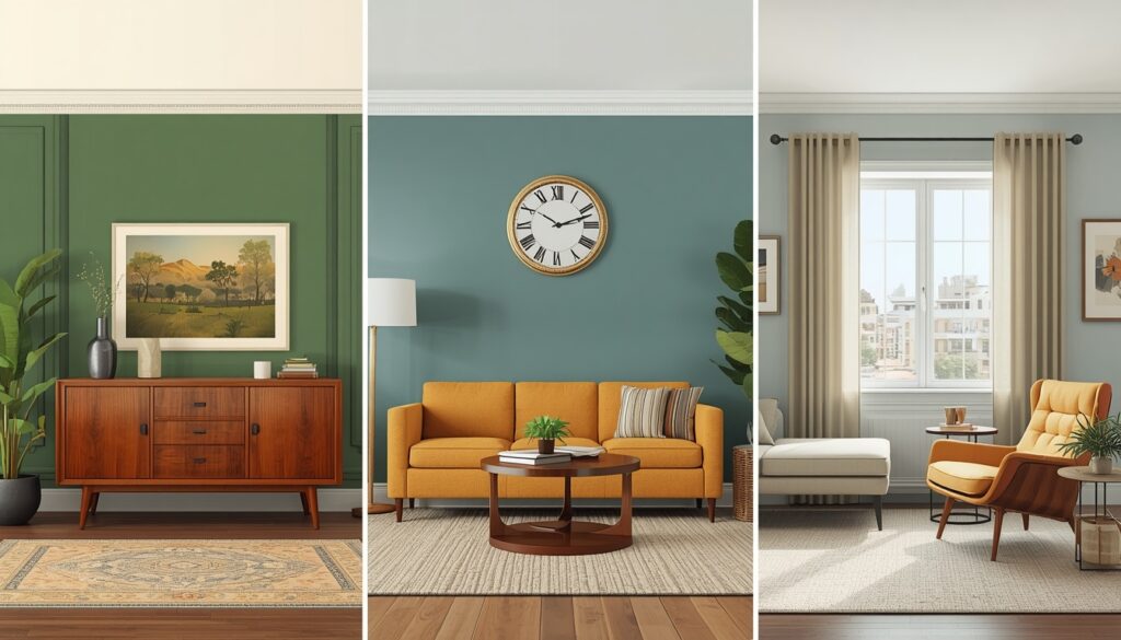 Comparison of vintage, antique, and retro living room decor styles