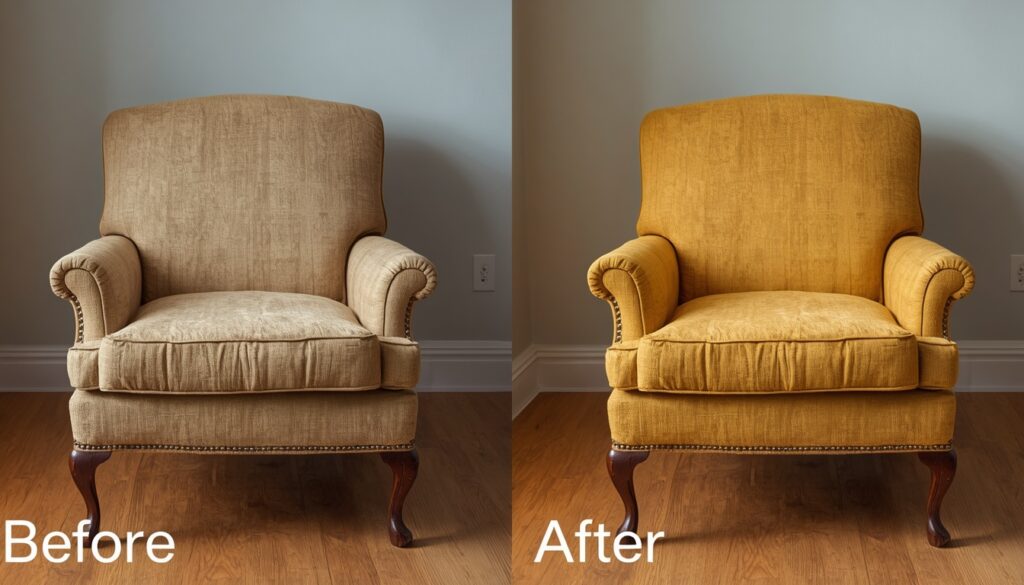 Before and after of a thrifted vintage armchair restored for a living room