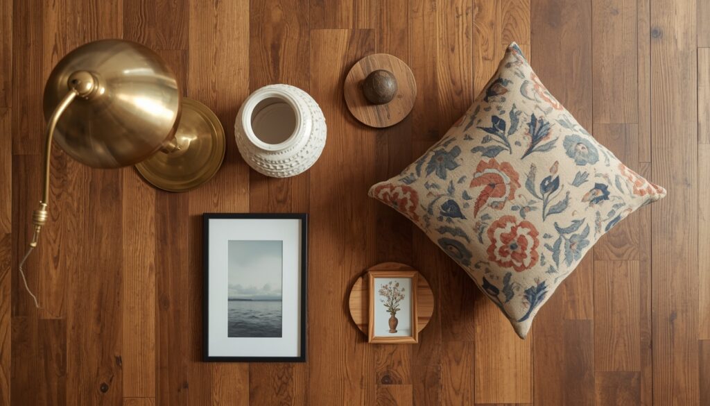 Step by step vintage living room decor styling items laid out for planning