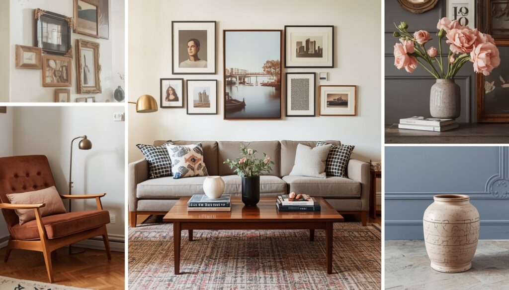 Collage of vintage living room decor ideas including furniture and accessories