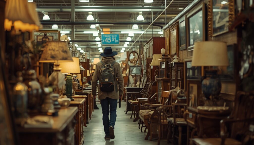 Shopping for vintage living room decor at a local thrift store
