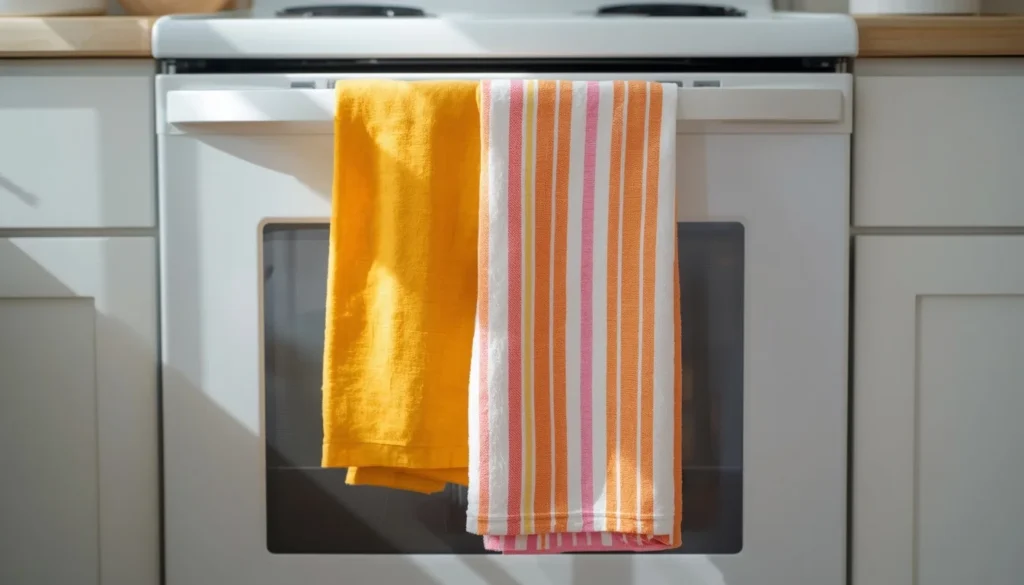 Colorful striped dish towels hanging in a dopamine decor kitchen