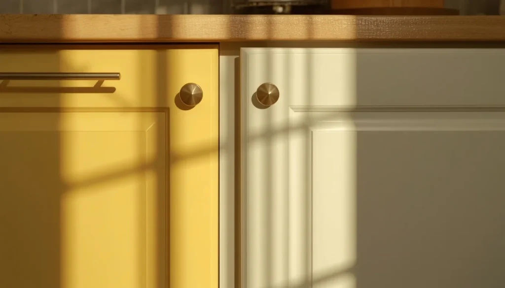 Dopamine decor kitchen cabinets painted butter yellow against white cabinetry