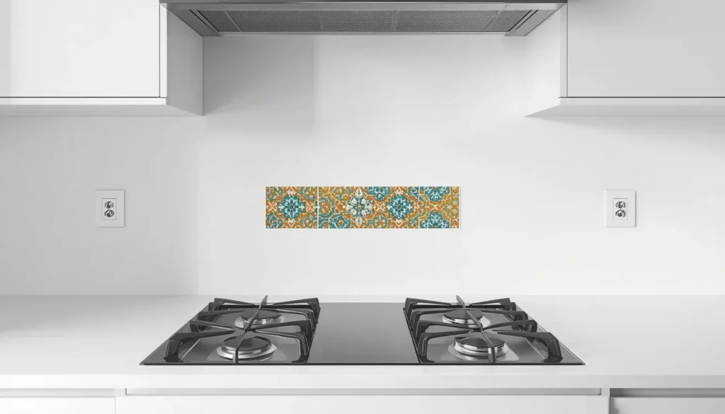 Bold patterned tile backsplash behind stove in a dopamine decor kitchen