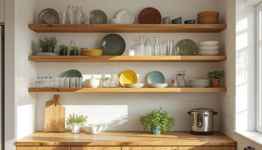 Open wood shelving displaying colorful dishware in a dopamine decor kitchen