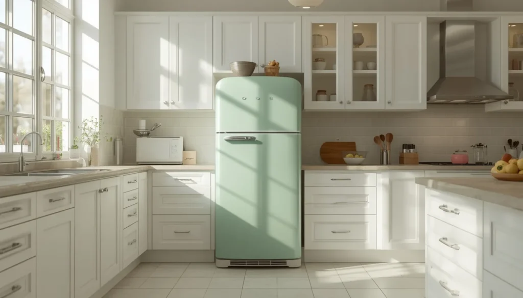 Mint green retro refrigerator as the centerpiece of a dopamine decor kitchen