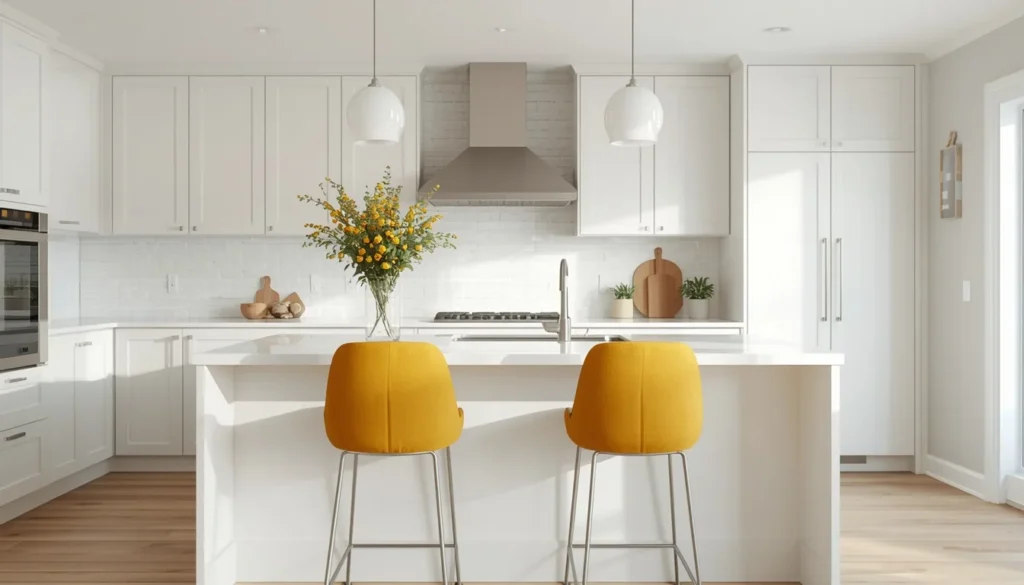 Mustard yellow barstools at kitchen island, dopamine decor kitchen seating idea