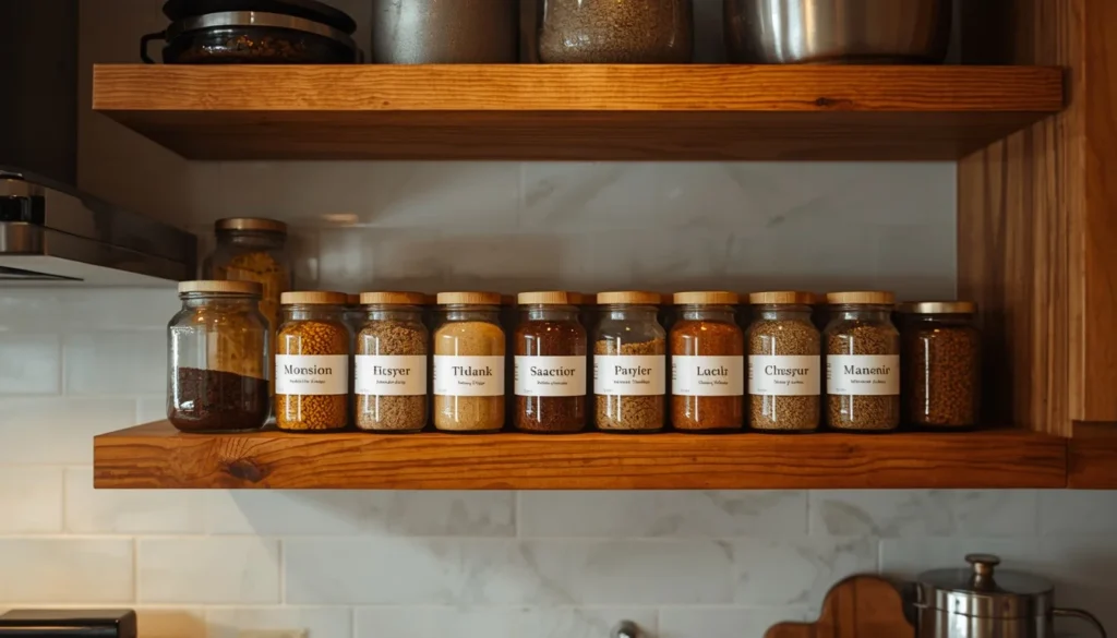Labeled glass spice jars on a floating shelf, dopamine decor kitchen organization idea
