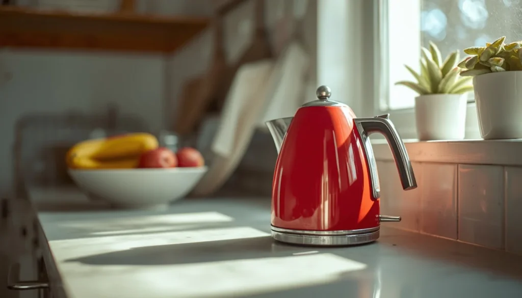 Cherry red kettle on kitchen counter as a dopamine decor kitchen accent piece