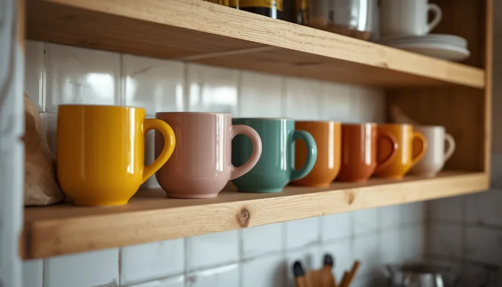 Mismatched colorful mugs on open shelving in a dopamine decor kitchen