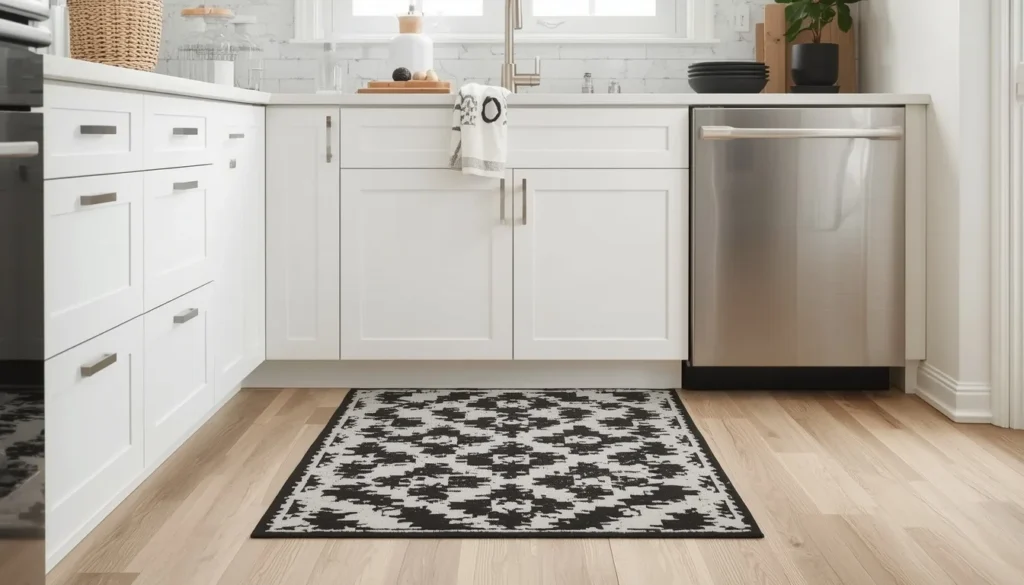 Checkerboard runner rug in front of kitchen sink for dopamine decor kitchen style