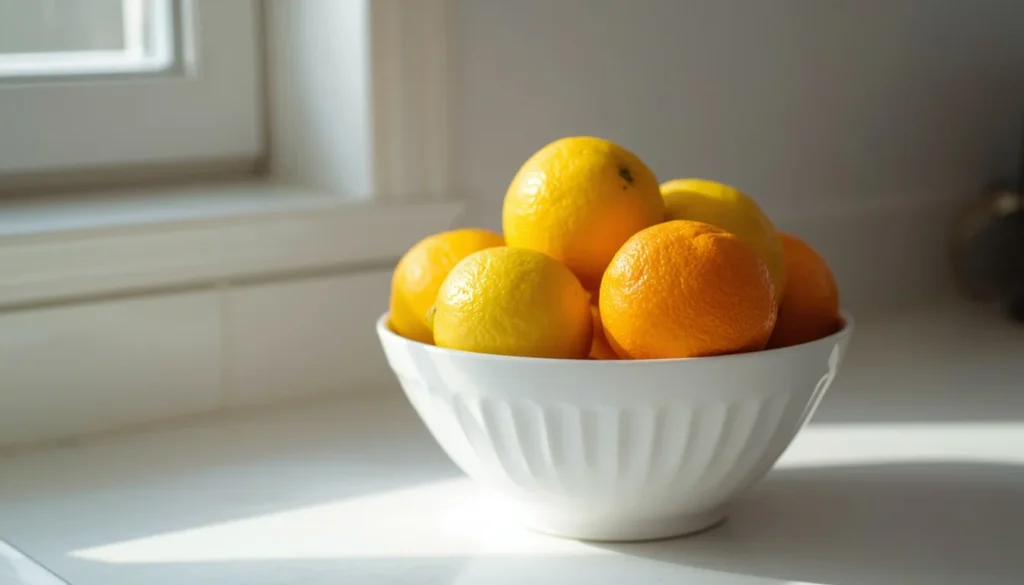 Fruit bowl with lemons and oranges used as dopamine decor kitchen styling