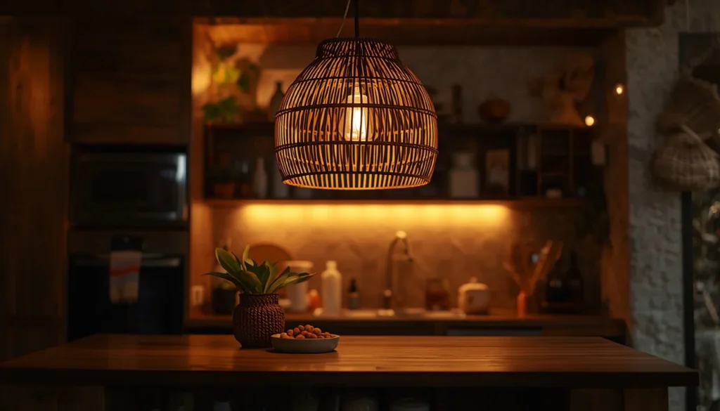 Woven rattan pendant light as a dopamine decor kitchen lighting upgrade