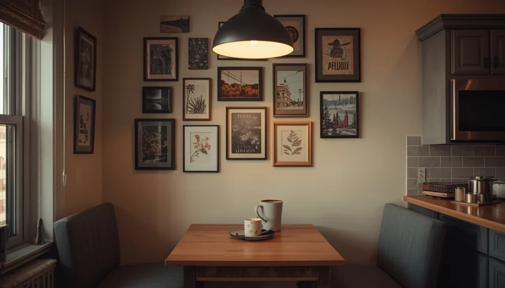 Gallery wall of colorful art near a kitchen breakfast nook, dopamine decor kitchen idea