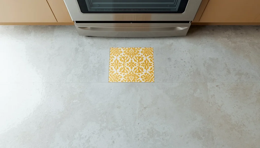 Patterned peel-and-stick floor tiles in front of stove, dopamine decor kitchen flooring idea