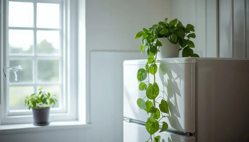 Trailing pothos and basil plant adding greenery to a dopamine decor kitchen