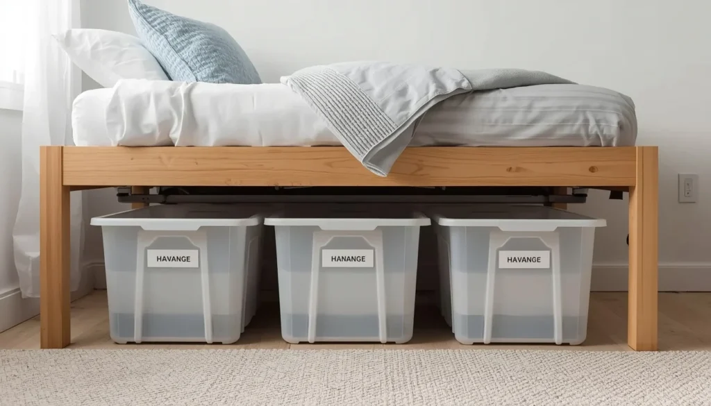 dorm room ideas for guys - bed risers with storage bins underneath