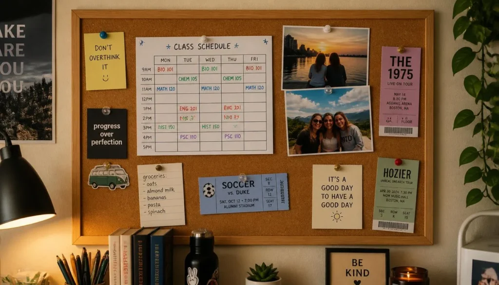 dorm room ideas for guys - corkboard organizer above dorm study desk
