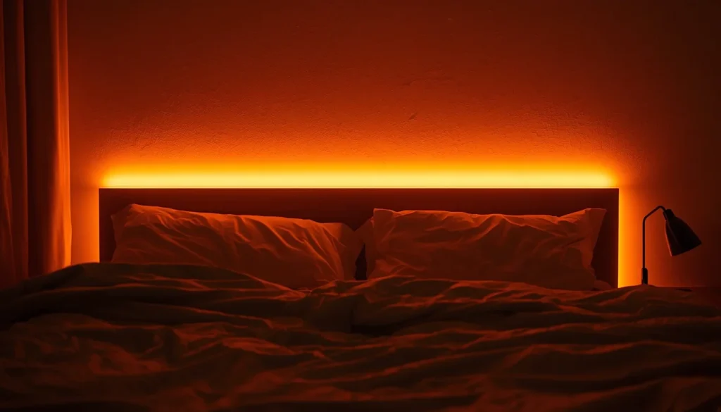 dorm room ideas for guys - warm LED strip lights behind dorm bed headboard