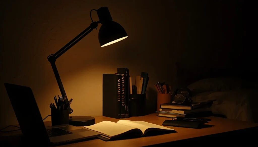 dorm room ideas for guys - warm desk lamp setup for late night studying