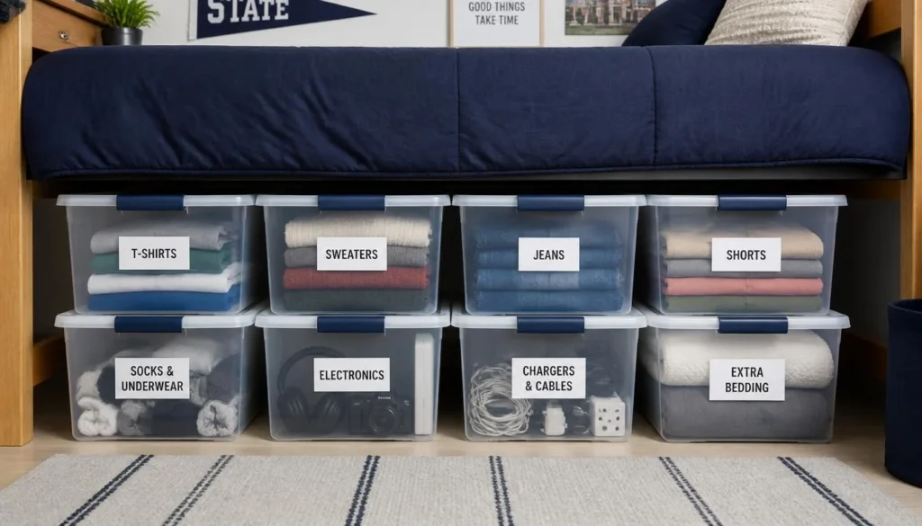dorm room ideas for guys - labeled clear storage bins under bed