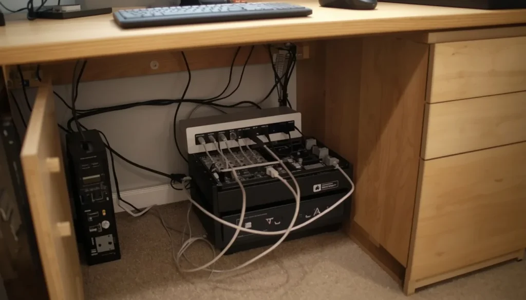 dorm room ideas for guys - cable management box for organized desk setup