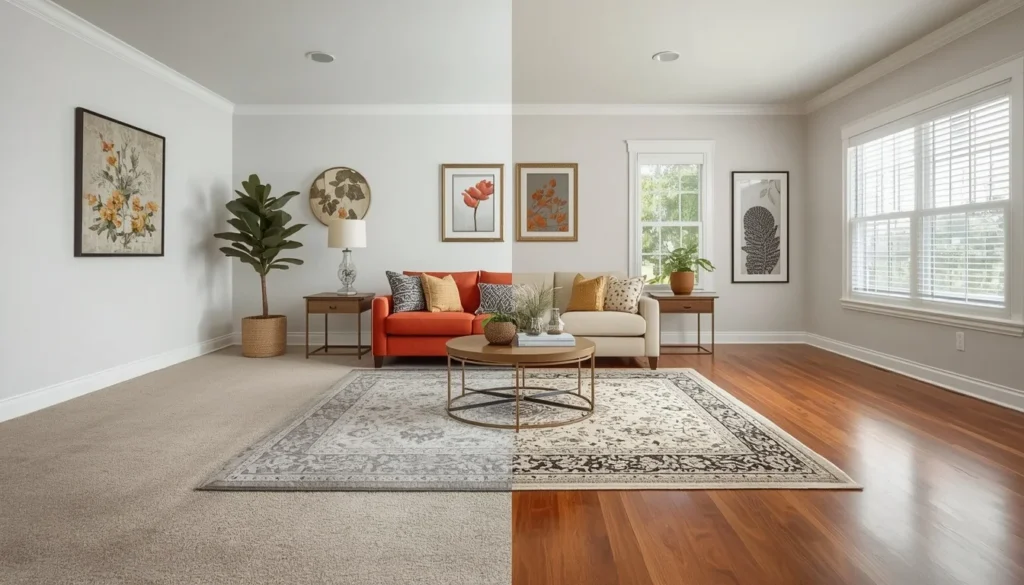 full room carpet design compared with a large area rug over hardwood