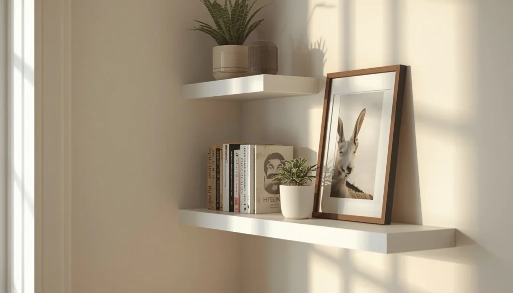 living room corner ideas - floating corner shelves with plants and books
