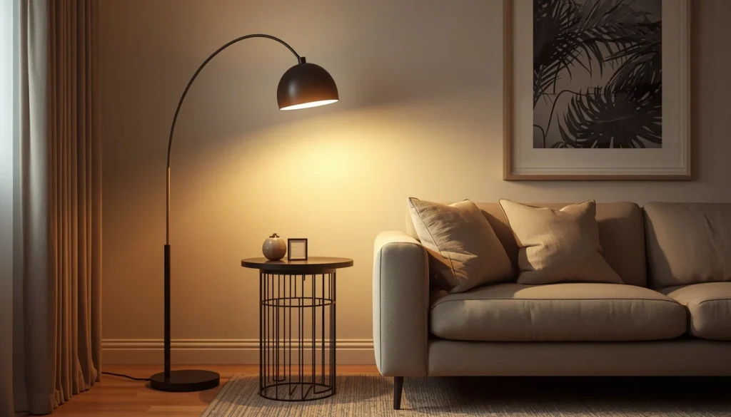 living room corner ideas - arc floor lamp and side table combo