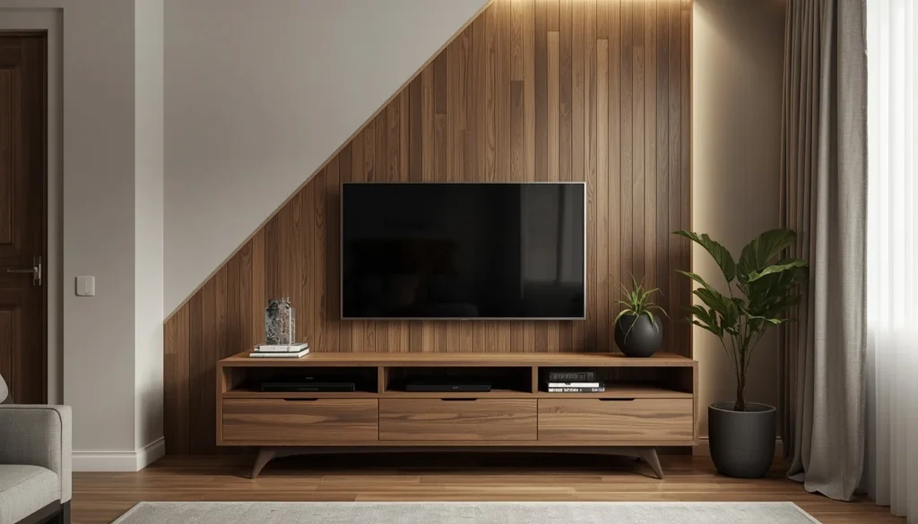 living room corner ideas - diagonal corner TV stand setup