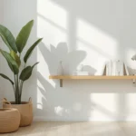 living room corner ideas - cozy styled corner with plant and floating shelf