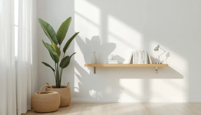living room corner ideas - cozy styled corner with plant and floating shelf