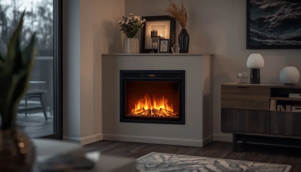 living room corner ideas - corner electric fireplace setup