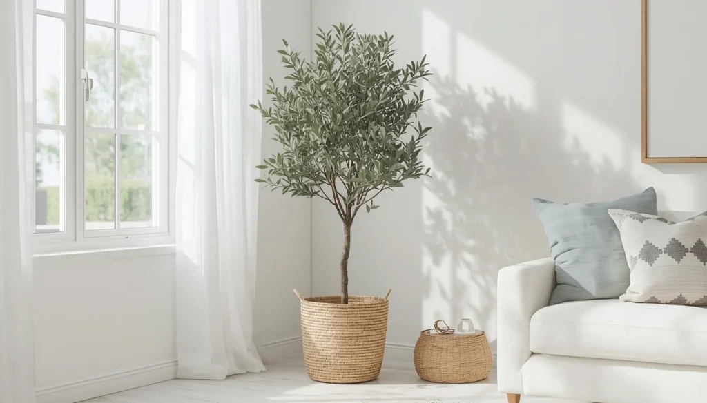 living room corner ideas - tall statement plant in woven basket