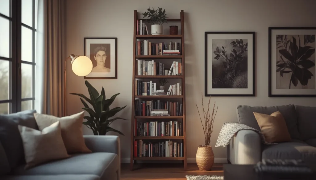 living room corner ideas - wooden ladder shelf styled with books and plants