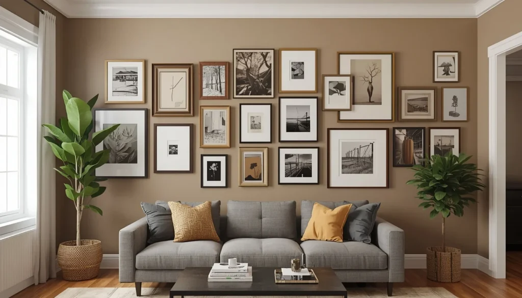 living room corner ideas - gallery wall wrapping around the corner