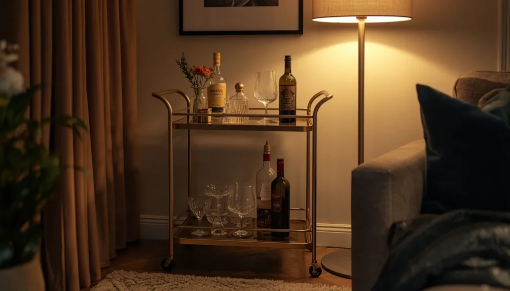 living room corner ideas - mini bar cart in living room corner