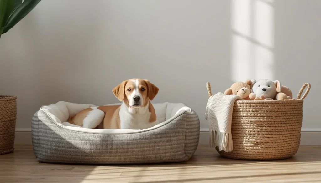 living room corner ideas - dedicated pet corner with bed and toy basket