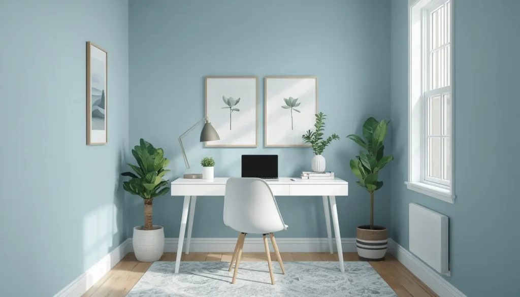 best paint colors for home offices - soft sky blue office