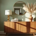 Dining room buffet decor ideas styled with brass lamp, vase, and round mirror