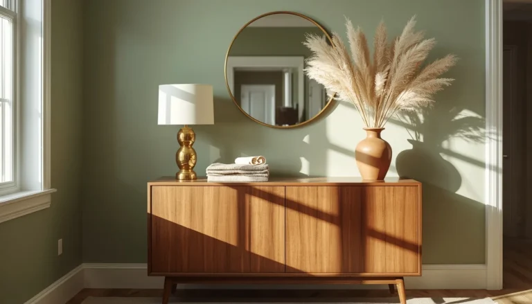 Dining room buffet decor ideas styled with brass lamp, vase, and round mirror