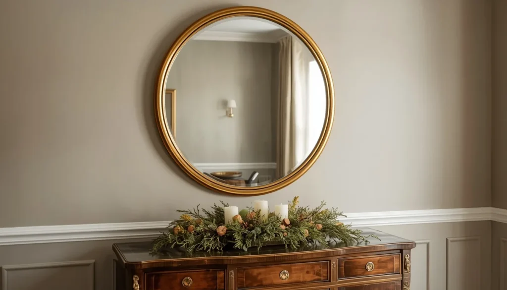 Mirror sized and hung correctly above a buffet, a key dining room buffet decor idea