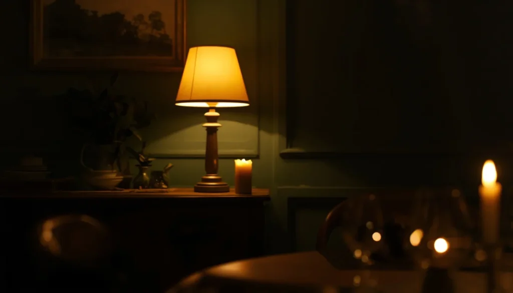 Warm lamp lighting elevates dining room buffet decor ideas at dinner hour