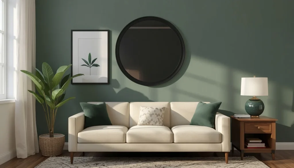 black accent frames against a pewter green living room wall