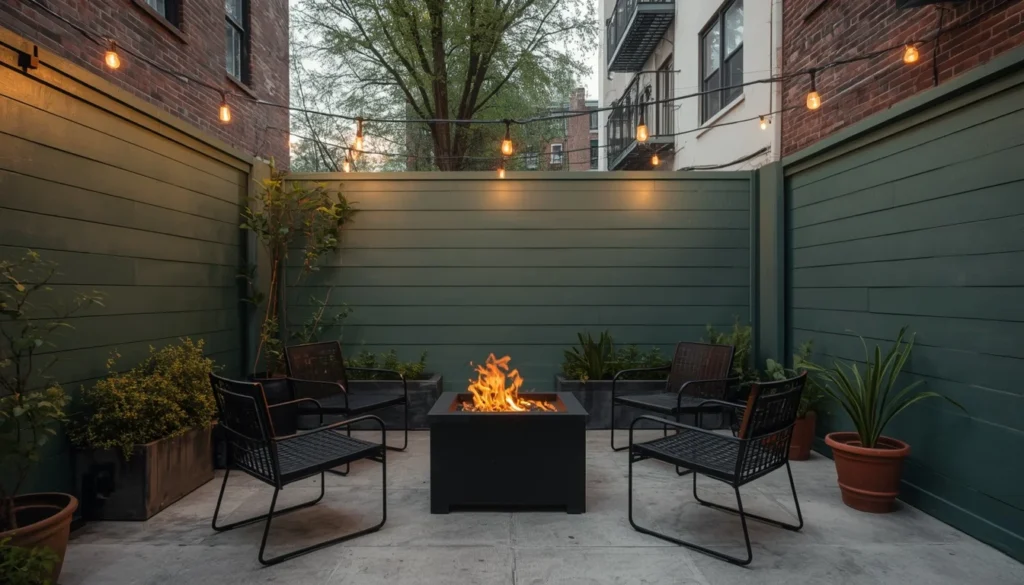 pewter green patio wall with black steel furniture accents