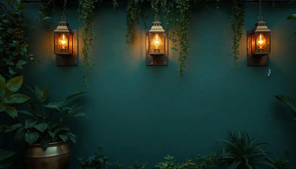 brass lanterns against a pewter green patio wall