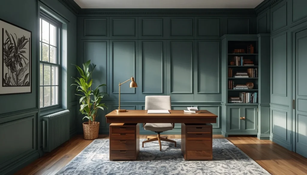 home office fully painted in pewter green as part of a whole home color plan