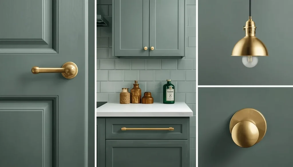 consistent brass hardware finish across a pewter green home