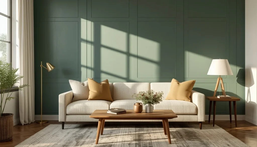 cream sofa against a pewter green living room wall