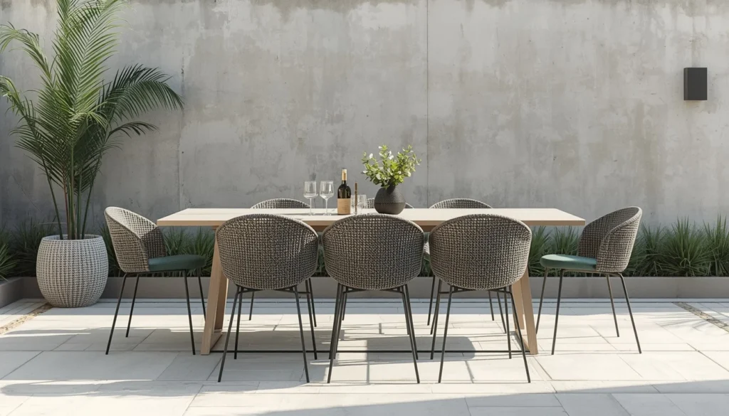 pewter green dining chairs on a neutral patio
